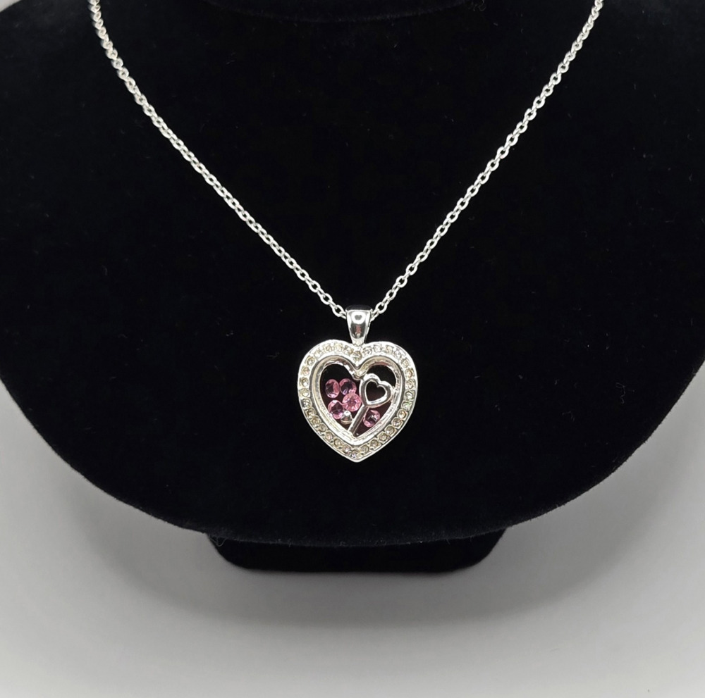 Heart Necklace Silvertone Keepsake Pendant Pink White Rhinestone Dainty Twee NEW